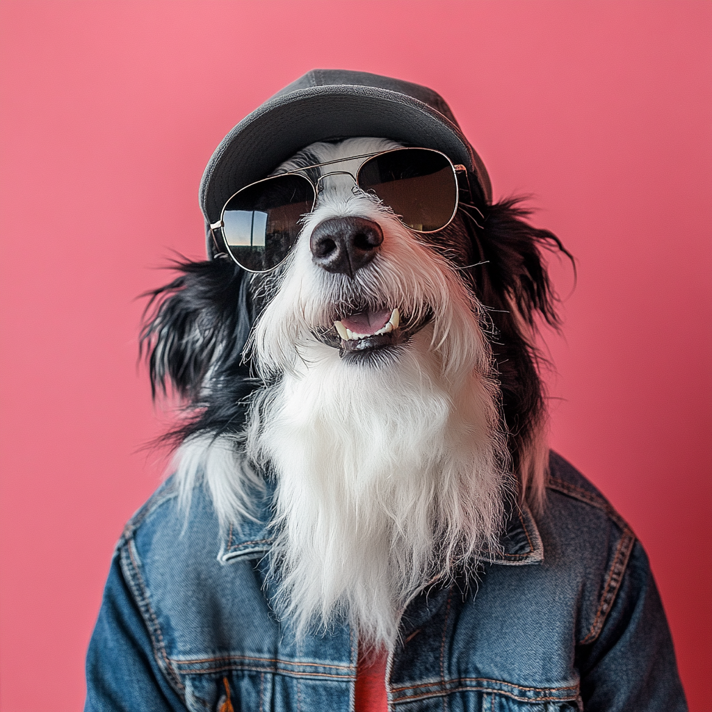 A smiling border collie wears denim jacket.