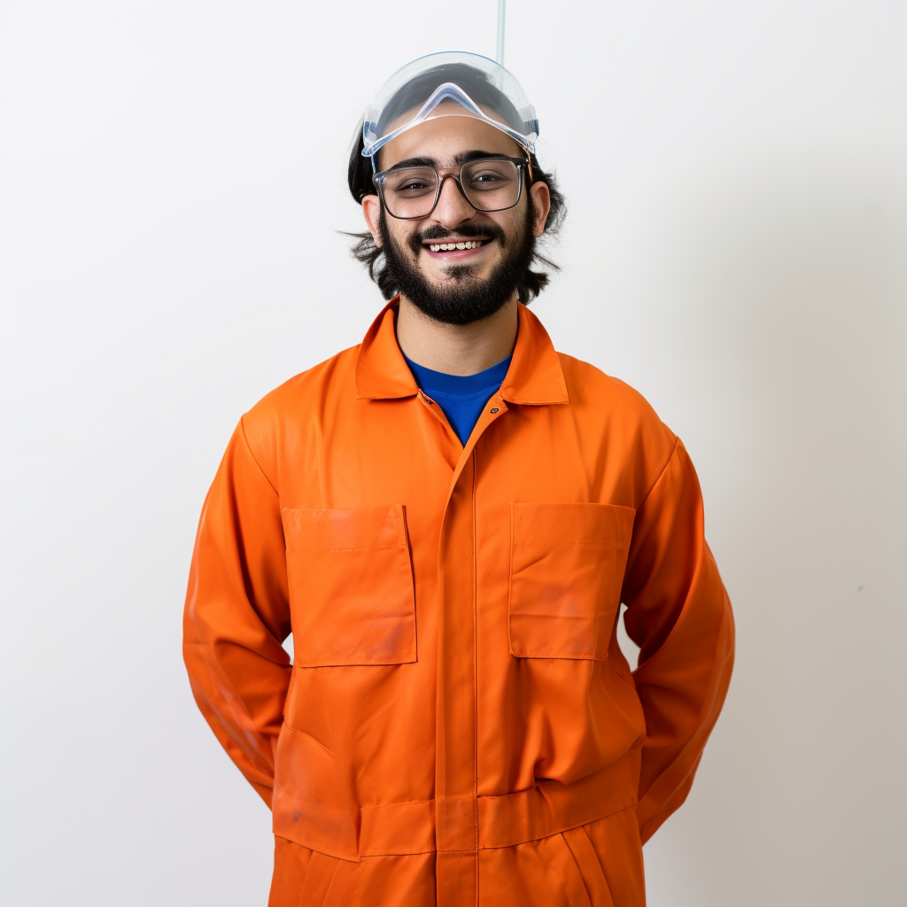 A smiling carpenter in orange and blue suit.