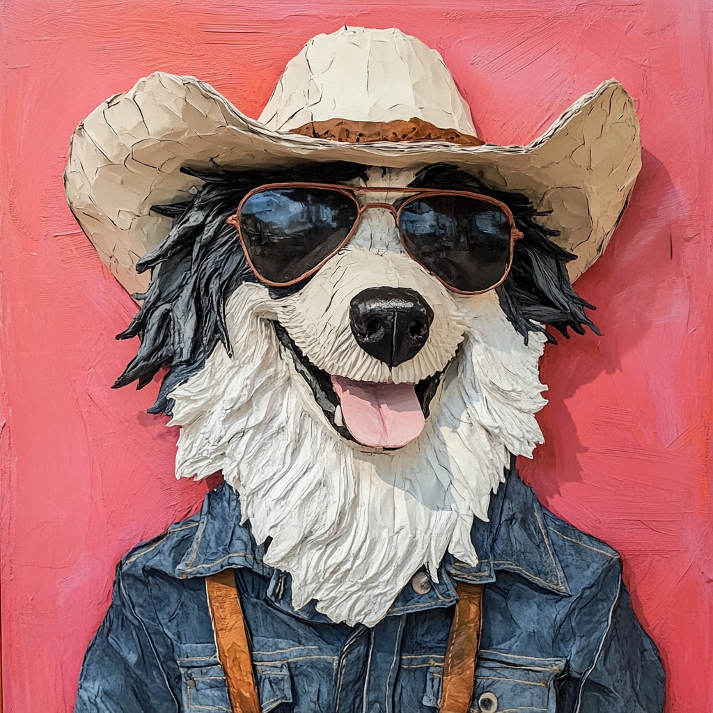 A smiling cowboy border collie in fancy outfit.