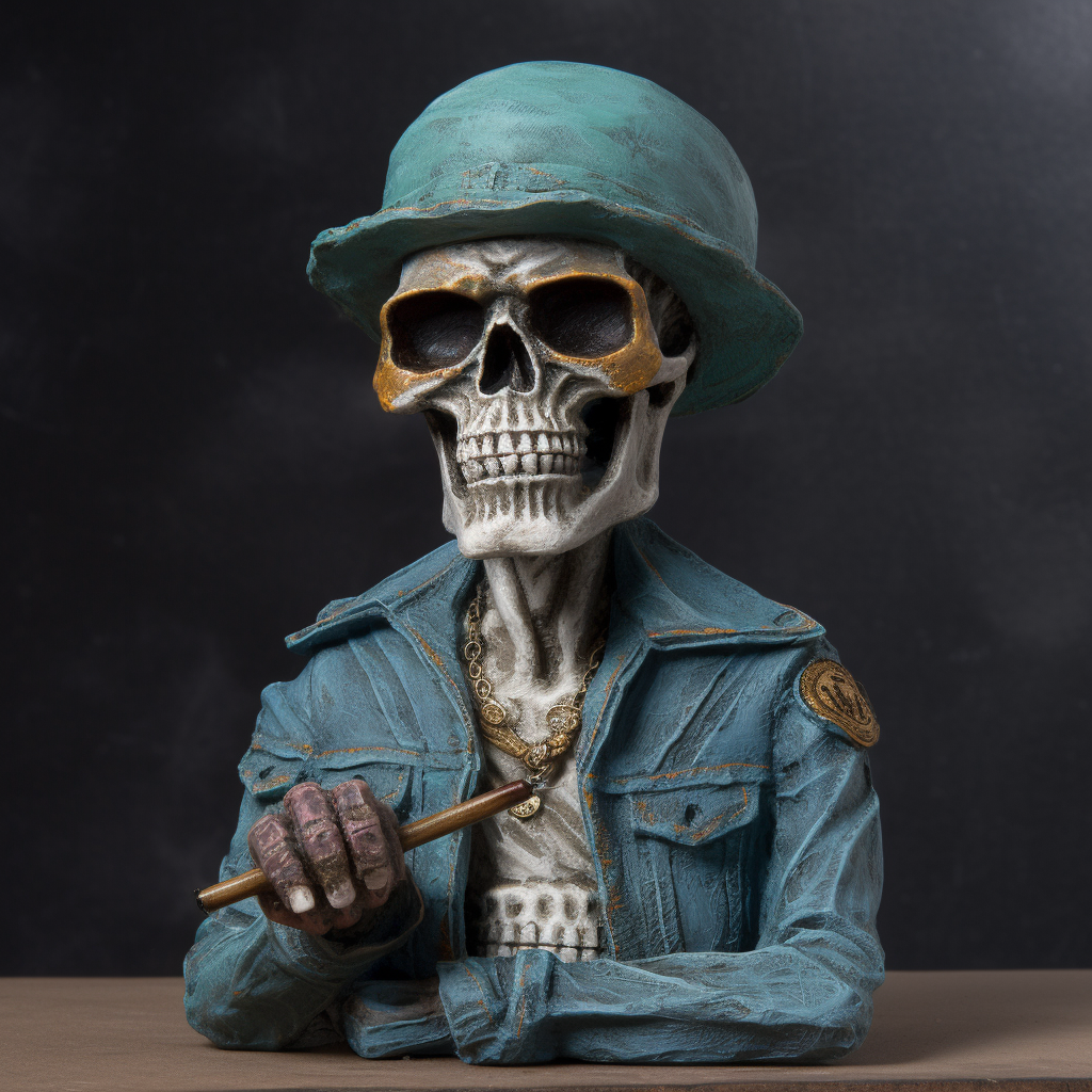 A smiling cowboy skull in denim jacket portrait.