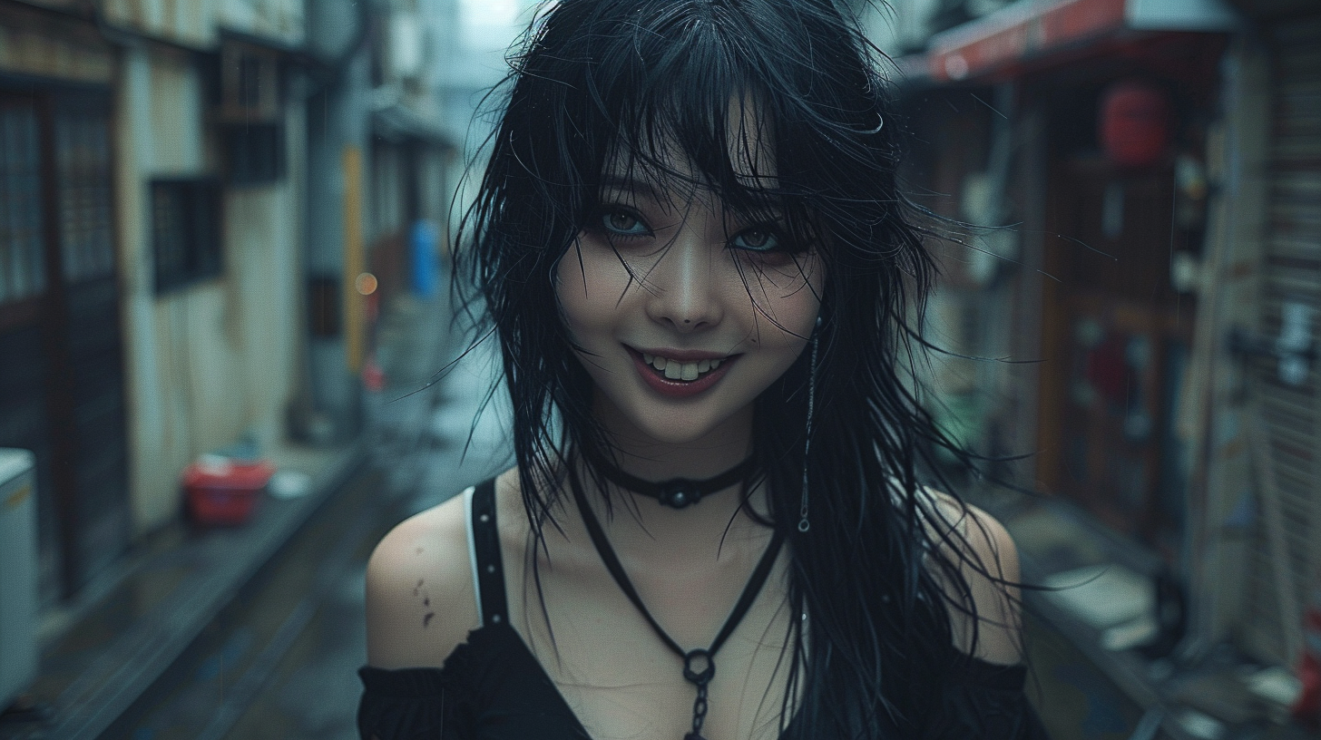 A smiling demon woman in a dark alley