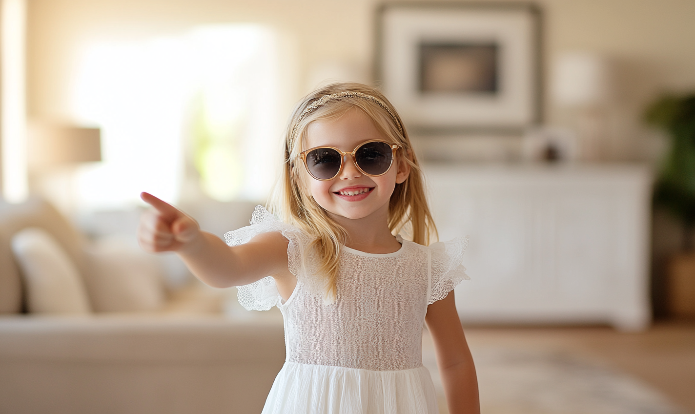 A smiling girl in white dress and sunglasses.