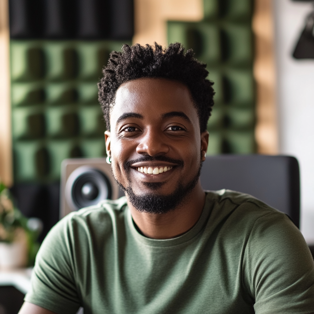 A smiling hipster man in green shirt poses.