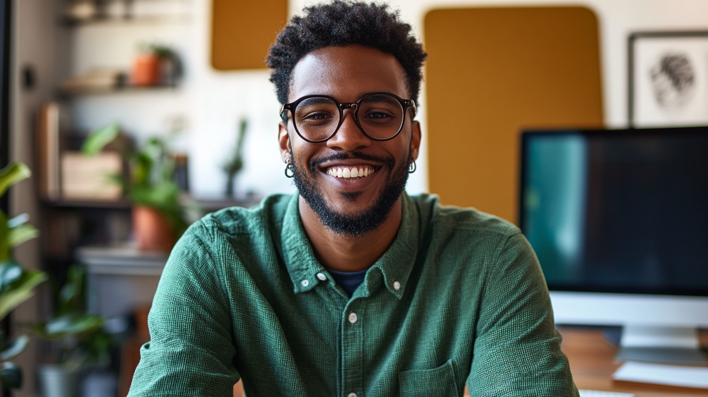 A smiling hipster man in green shirt.