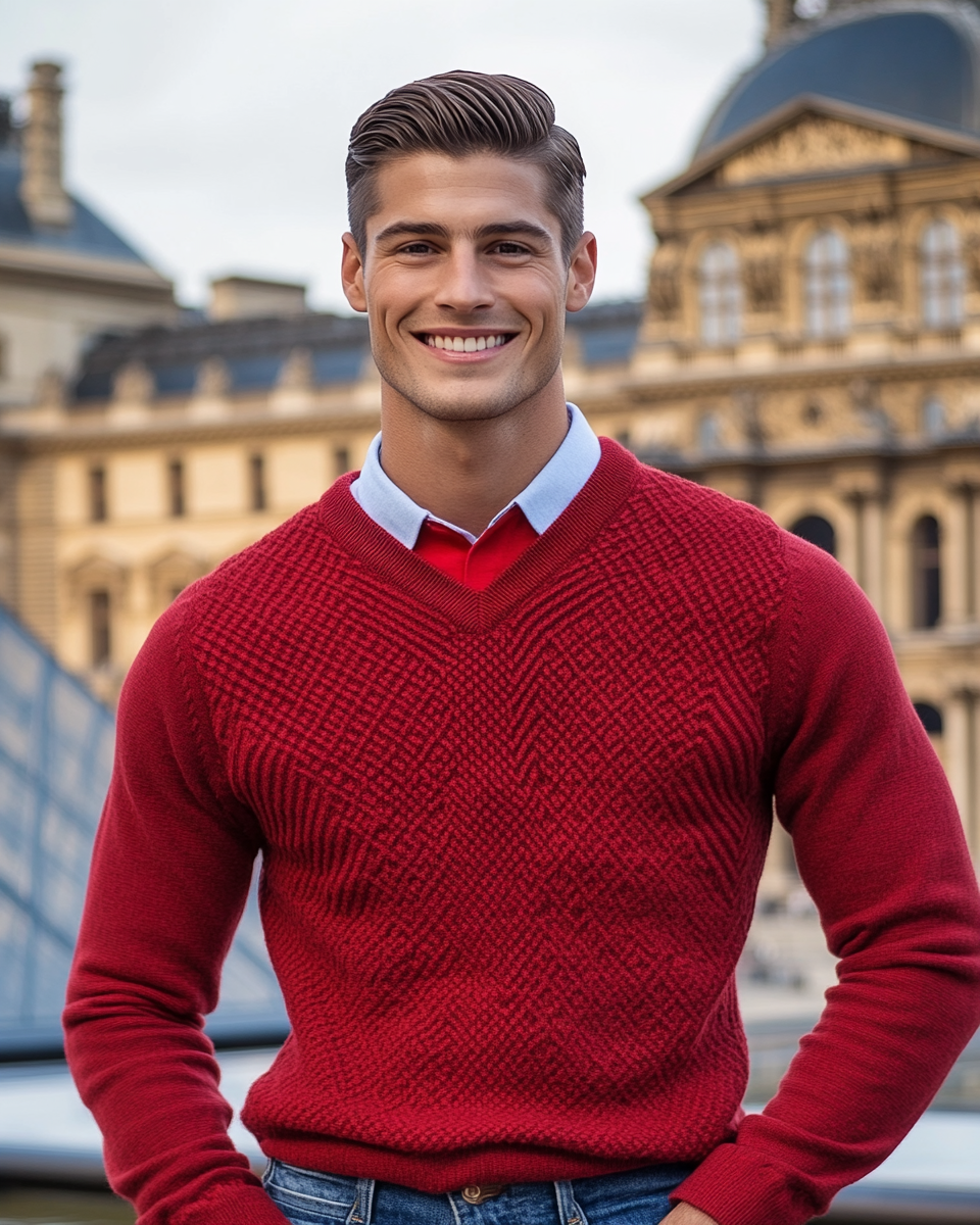 A smiling man in red at the Louvre