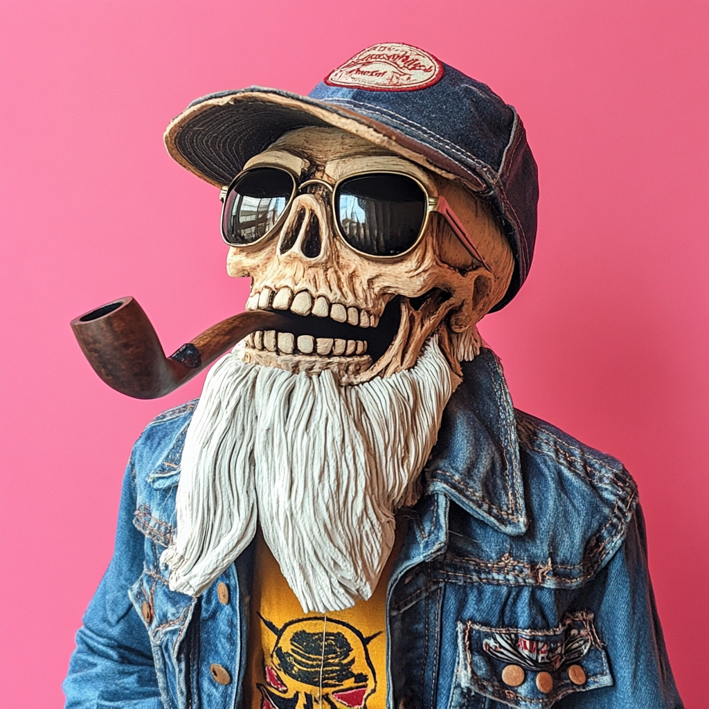 A smiling skull with trucker cap and pipe.