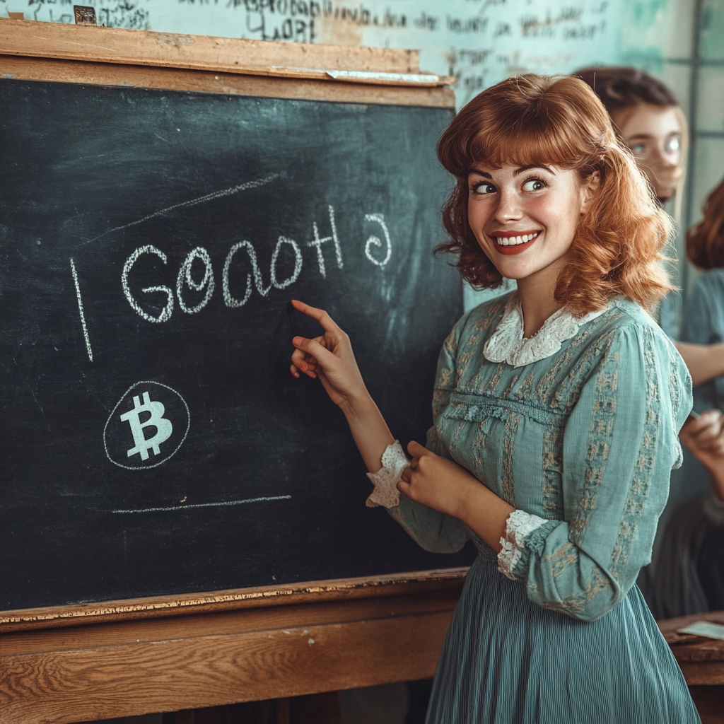 A smiling teacher points at cryptocurrency on chalkboard.