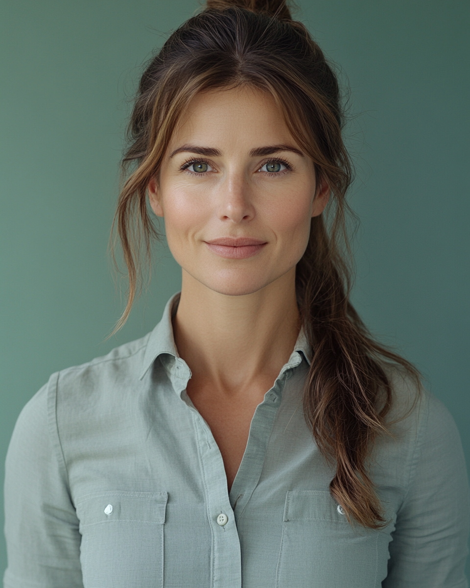 A smiling woman in business attire against green backdrop.