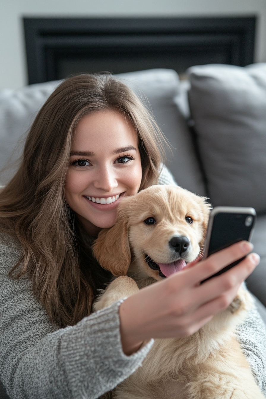 A smiling woman taking selfie with cute puppy