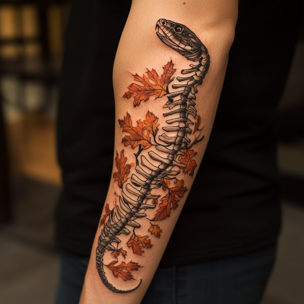 A snake skeleton forearm tattoo with autumn leaves