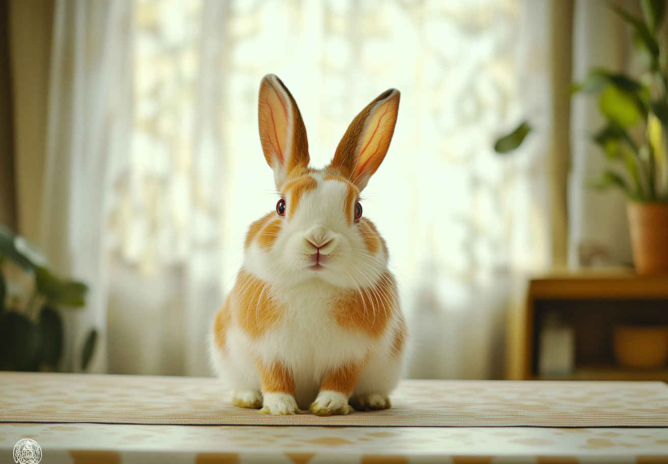 A sneaky rabbit posing for a photo on table