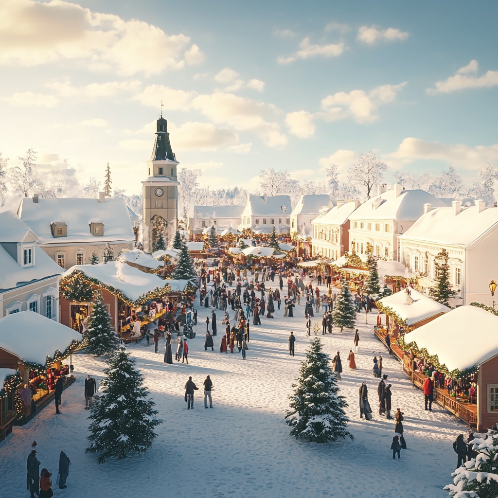 A snowy European town during Christmas festivities