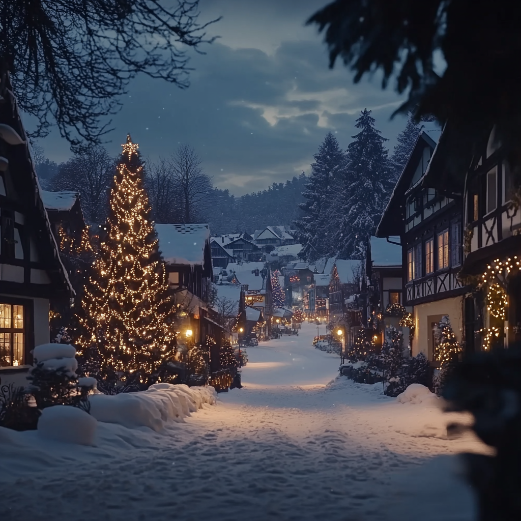 A snowy European village at night with decorations