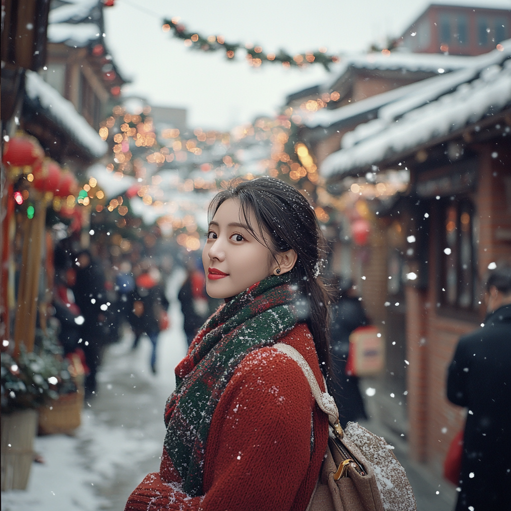 A snowy town with Christmas decorations and people