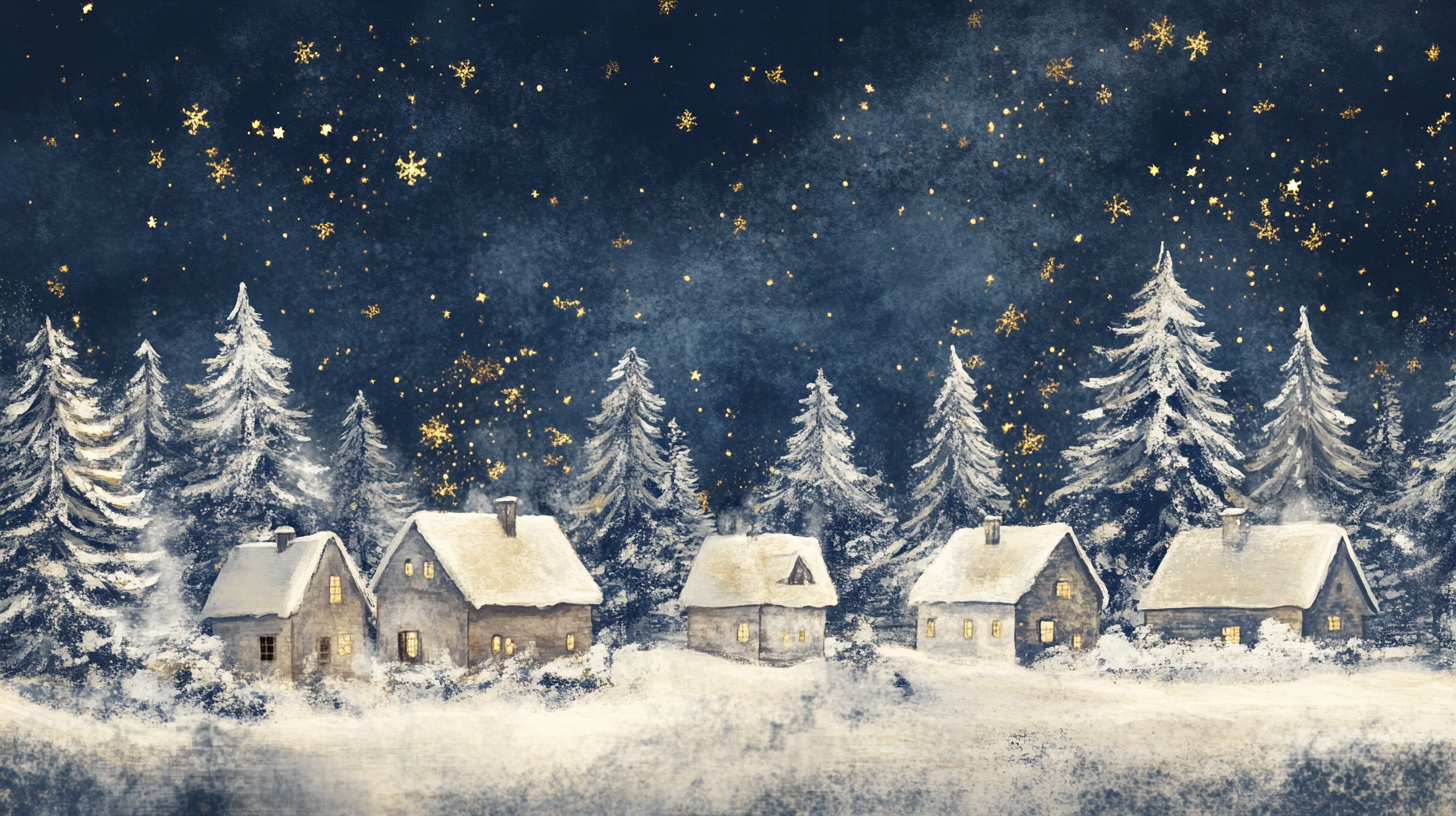 A snowy village with pine trees under starry sky.