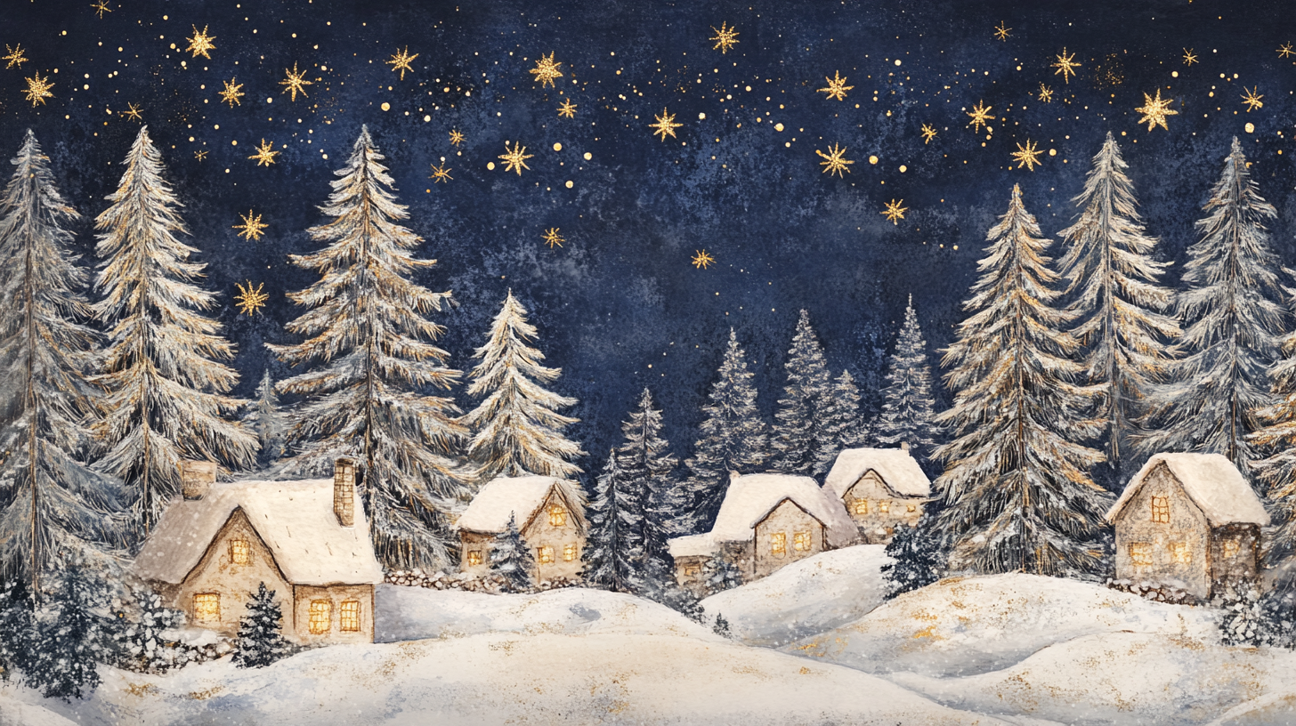 A snowy village with pine trees under stars.