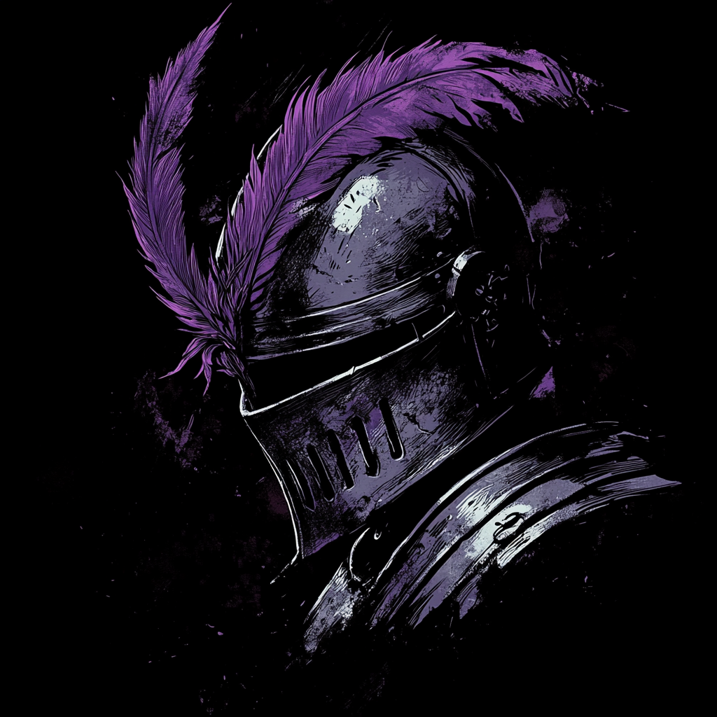 A soldier helmet with purple feather on black.