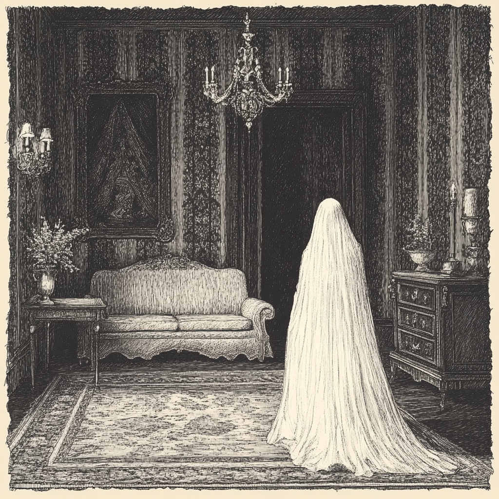 A solitary figure in white, elegant, eerie room.