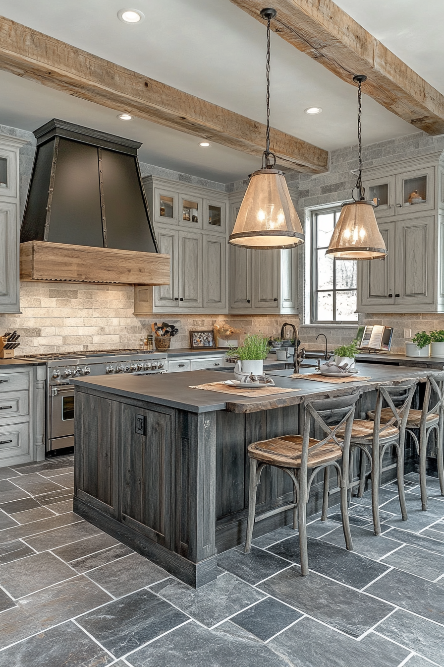 A sophisticated gray kitchen with natural stone vibes.