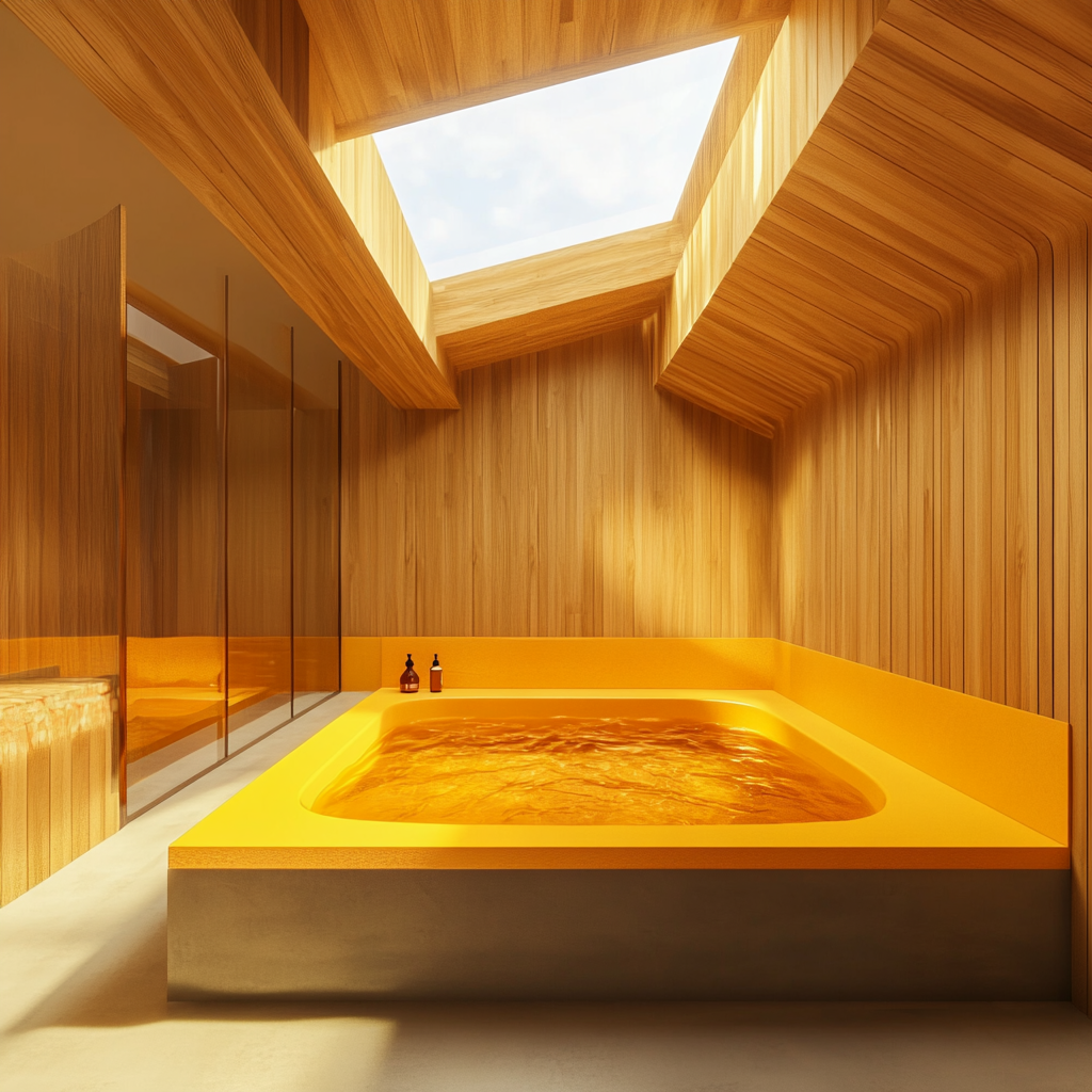 A spa room with wooden walls, skylight, tub, person.