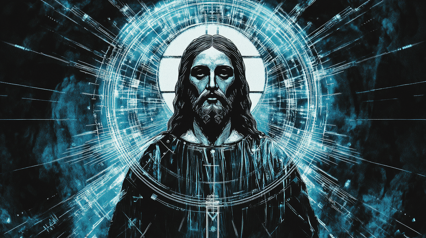 A spiritual halo around Christ with blue circuit