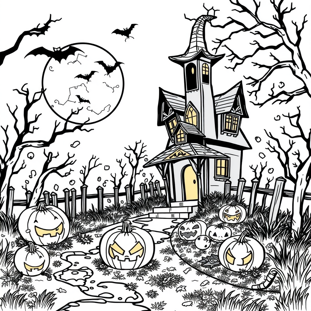 A spooky Halloween coloring page with vectorized drawing.