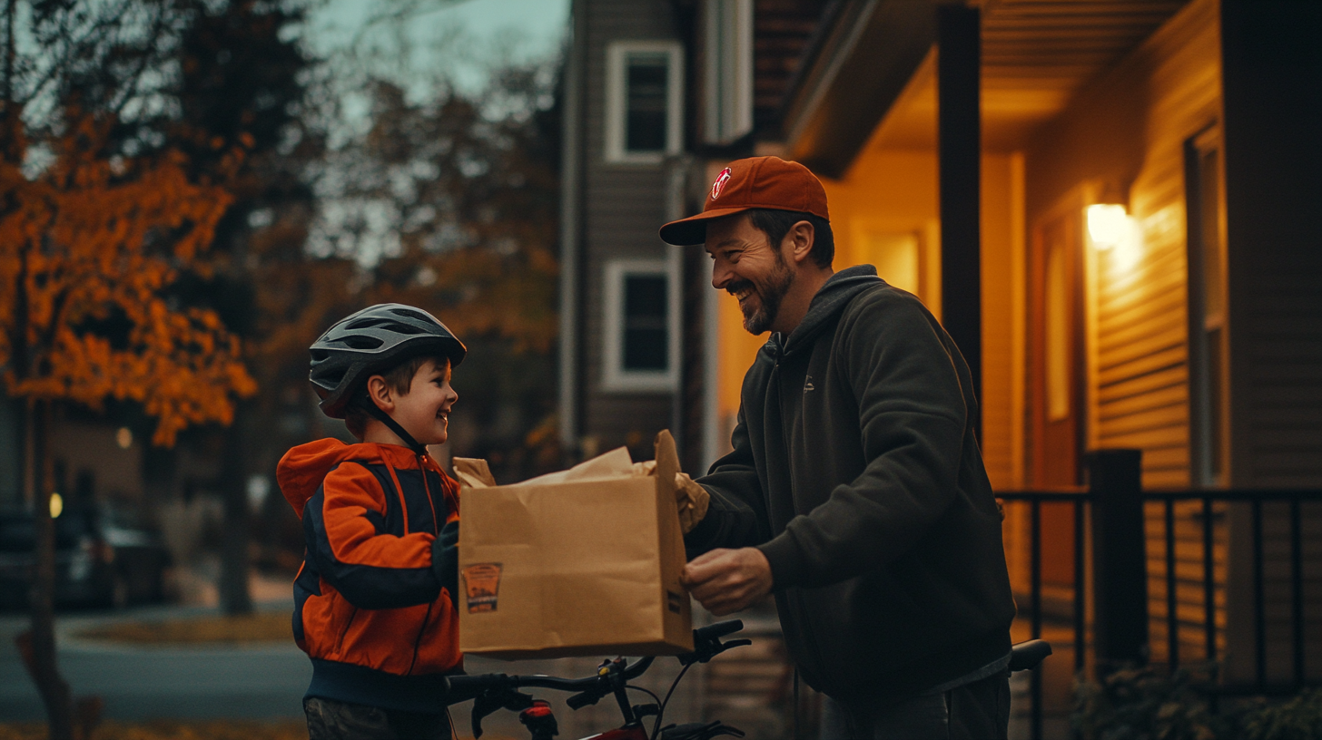 A spooky Halloween night: Dad, son, and Uber delivery.