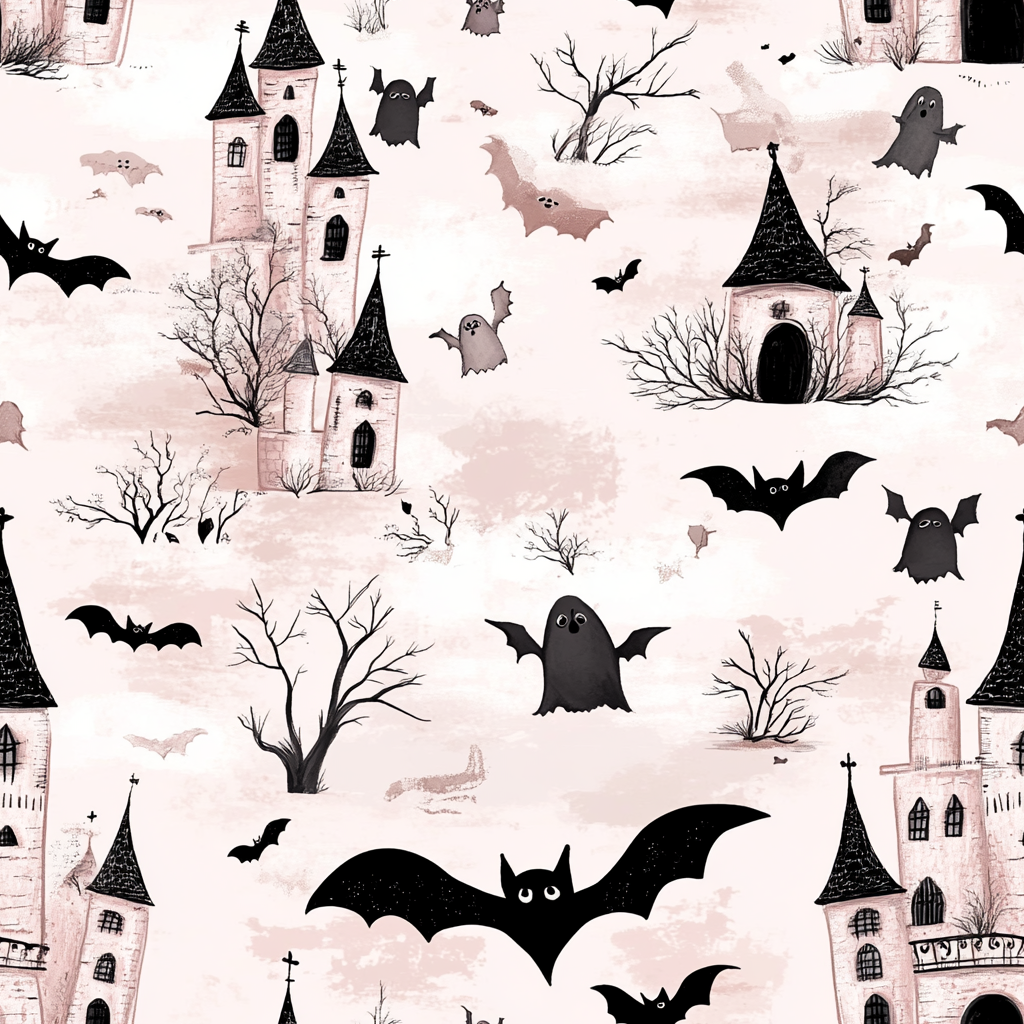 A spooky Halloween pattern with chubby ghost and bats