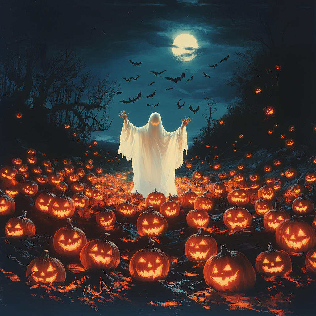 A spooky Halloween scene with jack-o'-lanterns and ghost