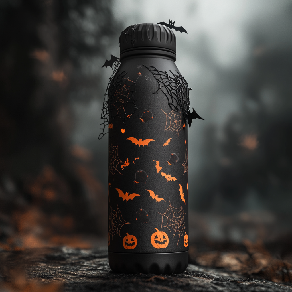 A spooky black Halloween-themed water bottle