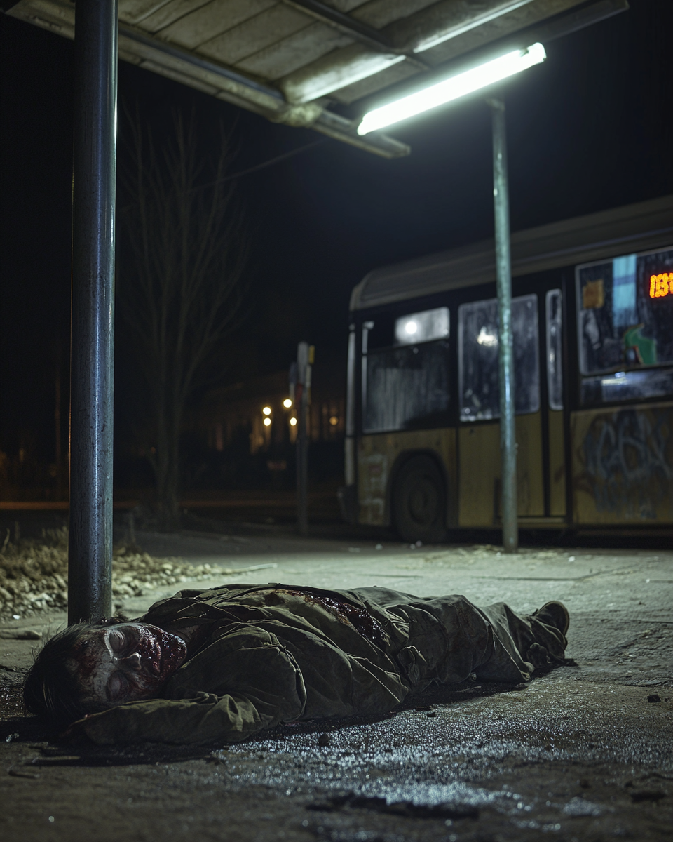 A spooky bus stop at night with a sleeping zombie