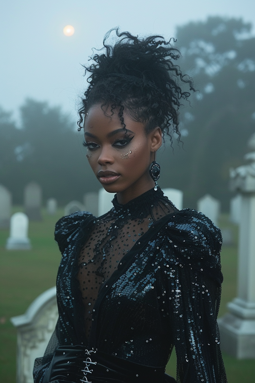 A spooky fashion model in cemetery at night