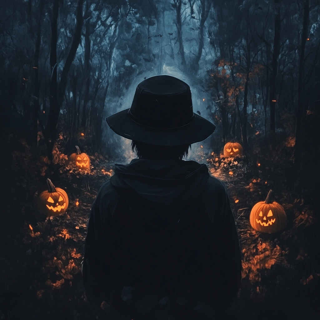 A spooky figure with large hat in dark forest.