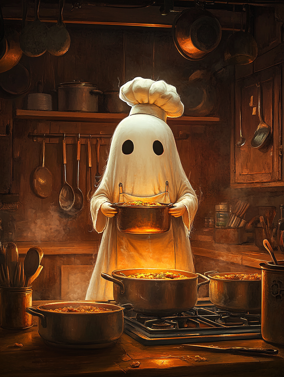 A spooky ghost cooking in a kitchen.