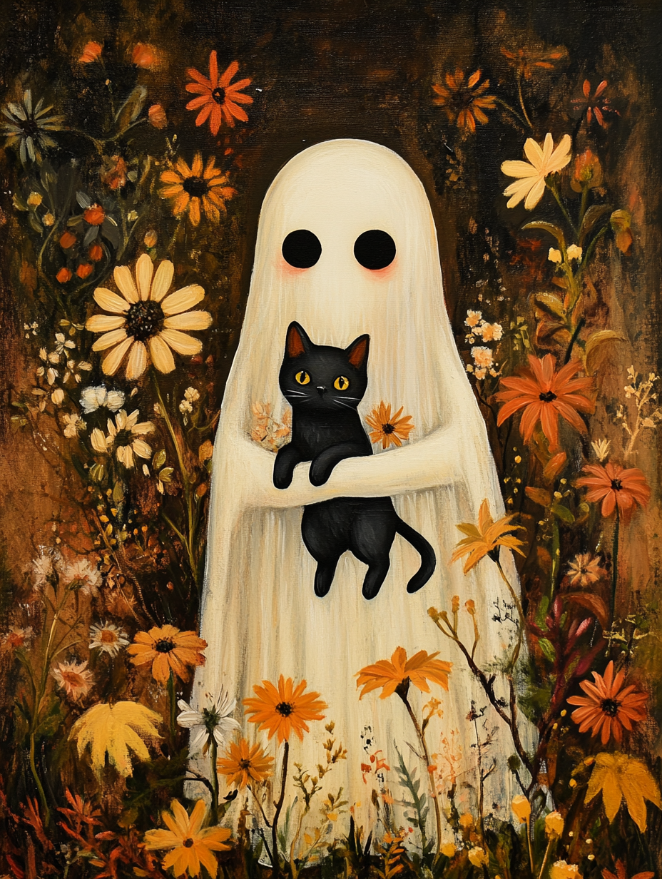 A spooky ghost with cat among autumn flowers. Vintage style.