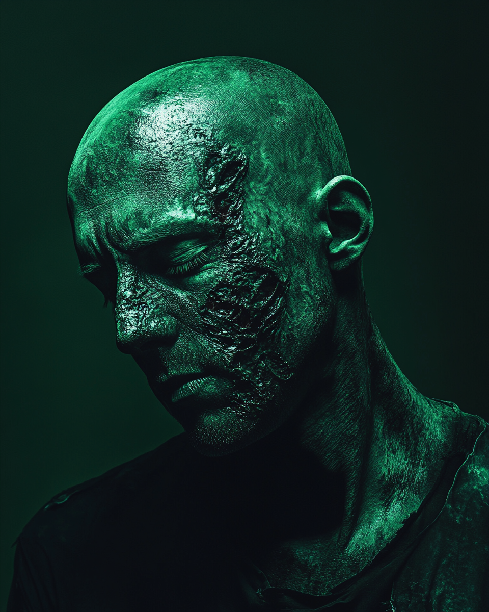 A spooky green zombie portrait in dramatic lighting