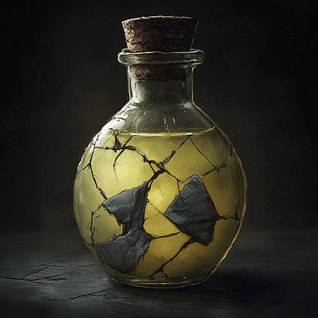 A spooky potion in glass flask with cork stopper.