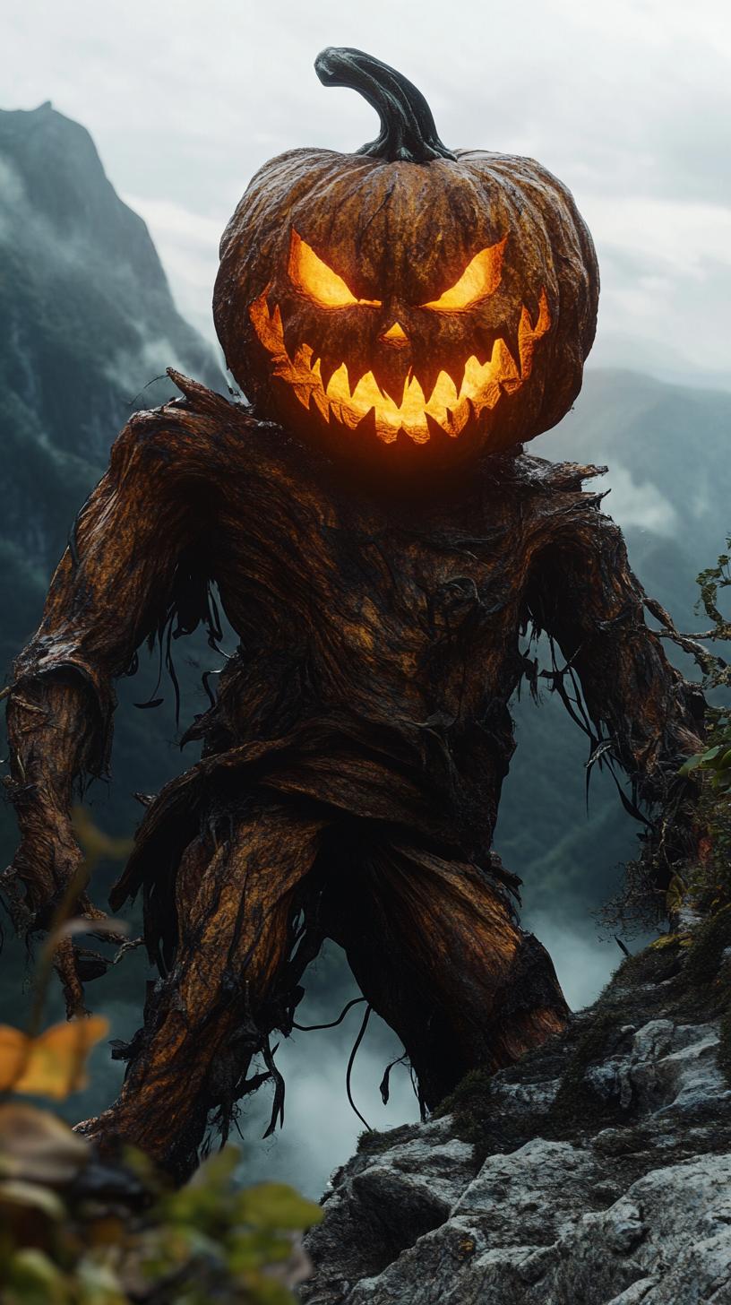 A spooky pumpkin monster in a mythical landscape