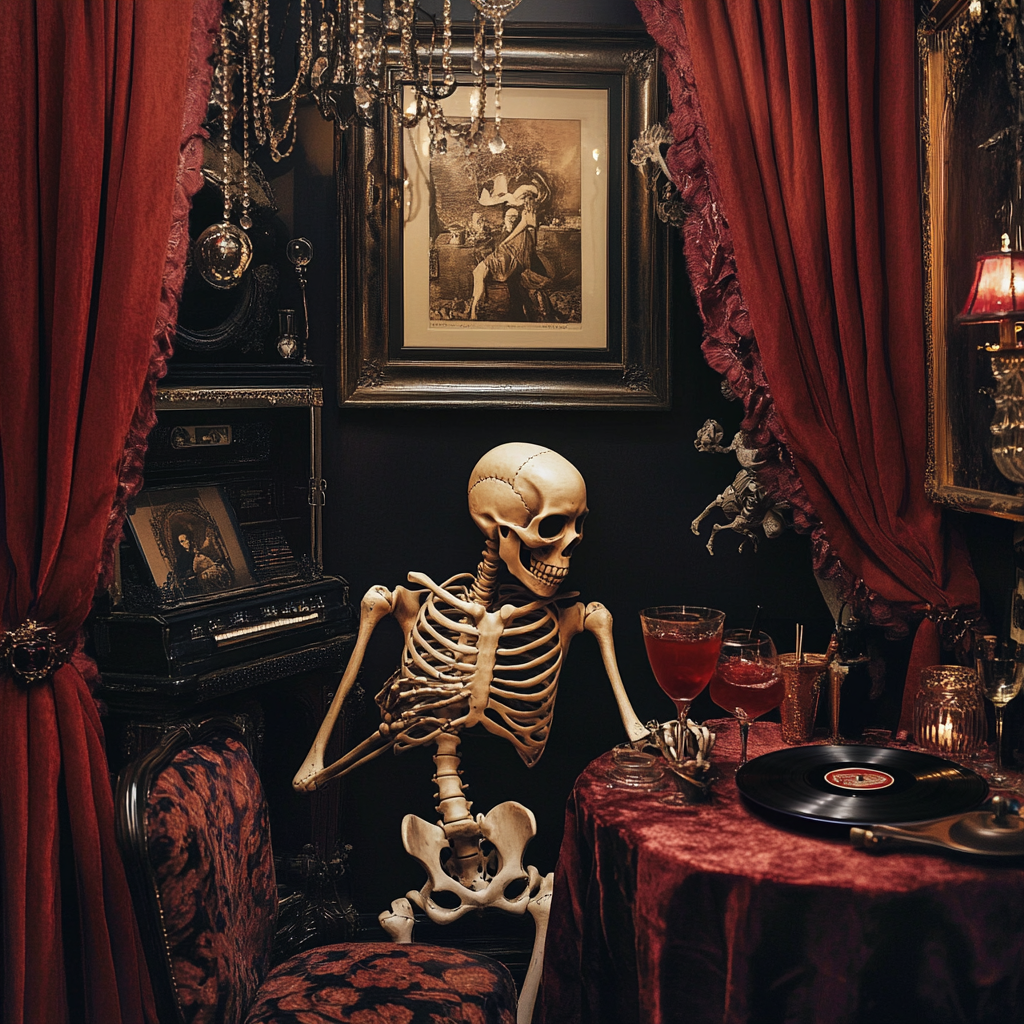 A spooky skeleton enjoys a cocktail at jazz bar.