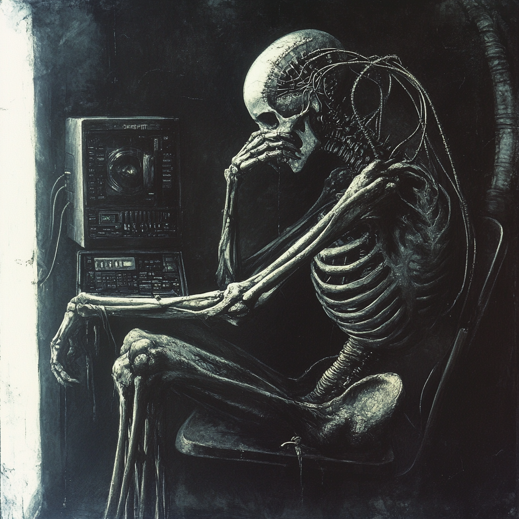 A spooky skeleton in dark room with dial-up.