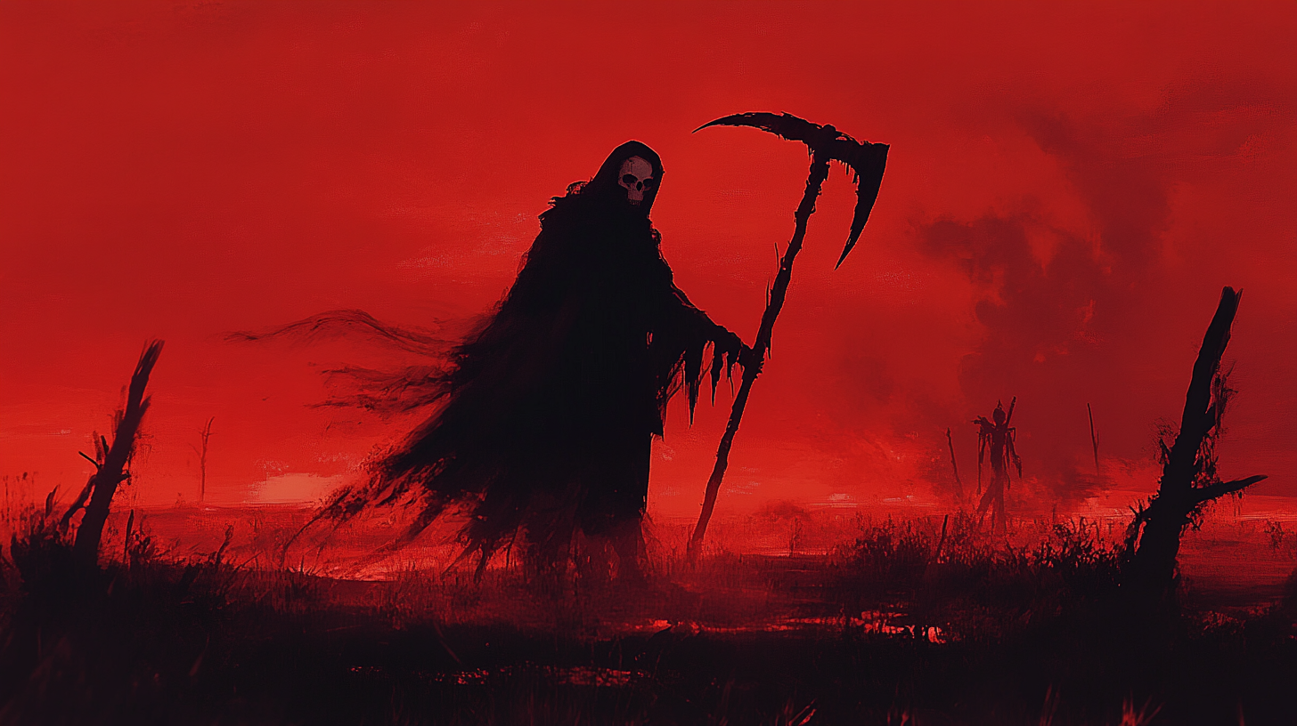 A spooky skeleton with scythe in eerie mist.