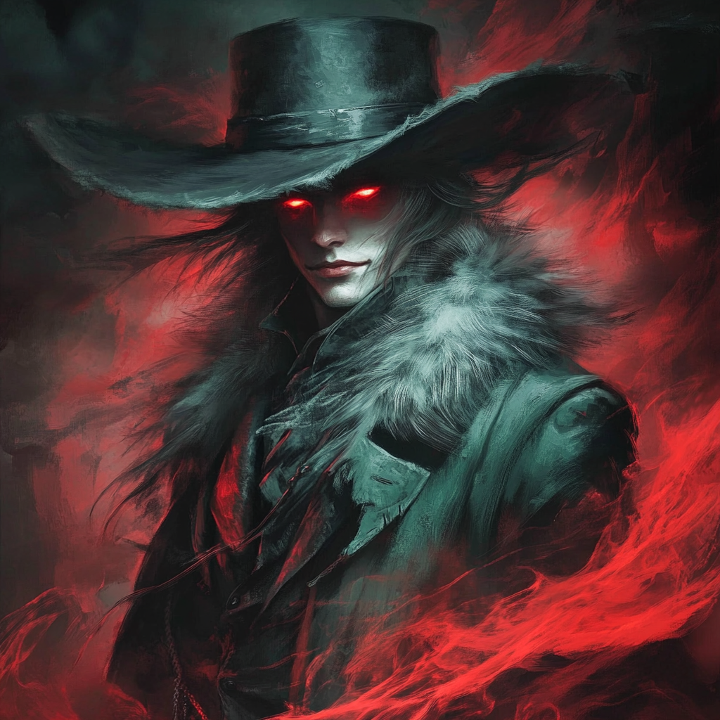 A spooky vampire in a black hat.