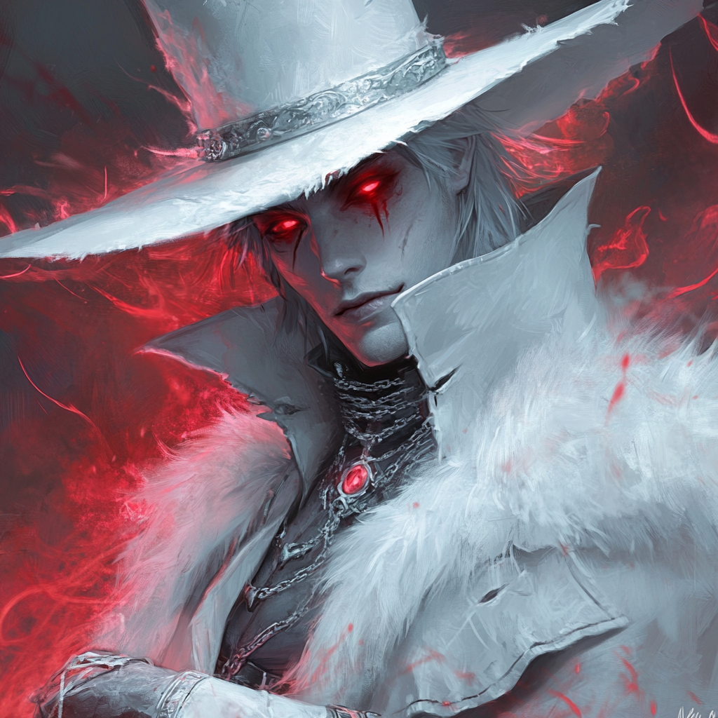 A spooky vampire with white hat and coat.