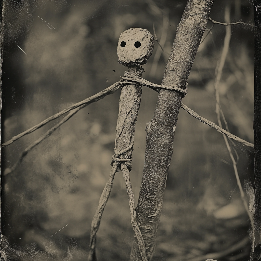 A spooky wooden figure hanging in forest at night