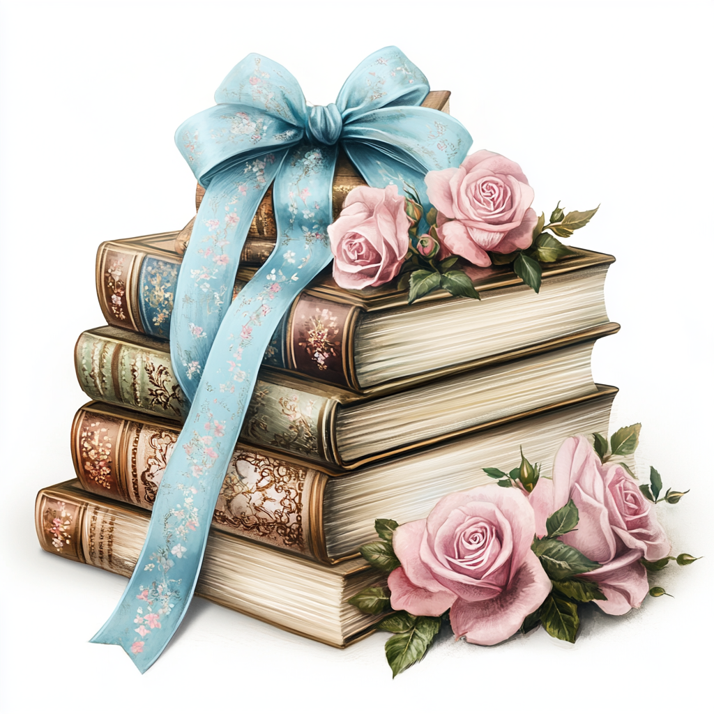 A stack of books with blue ribbon and roses.