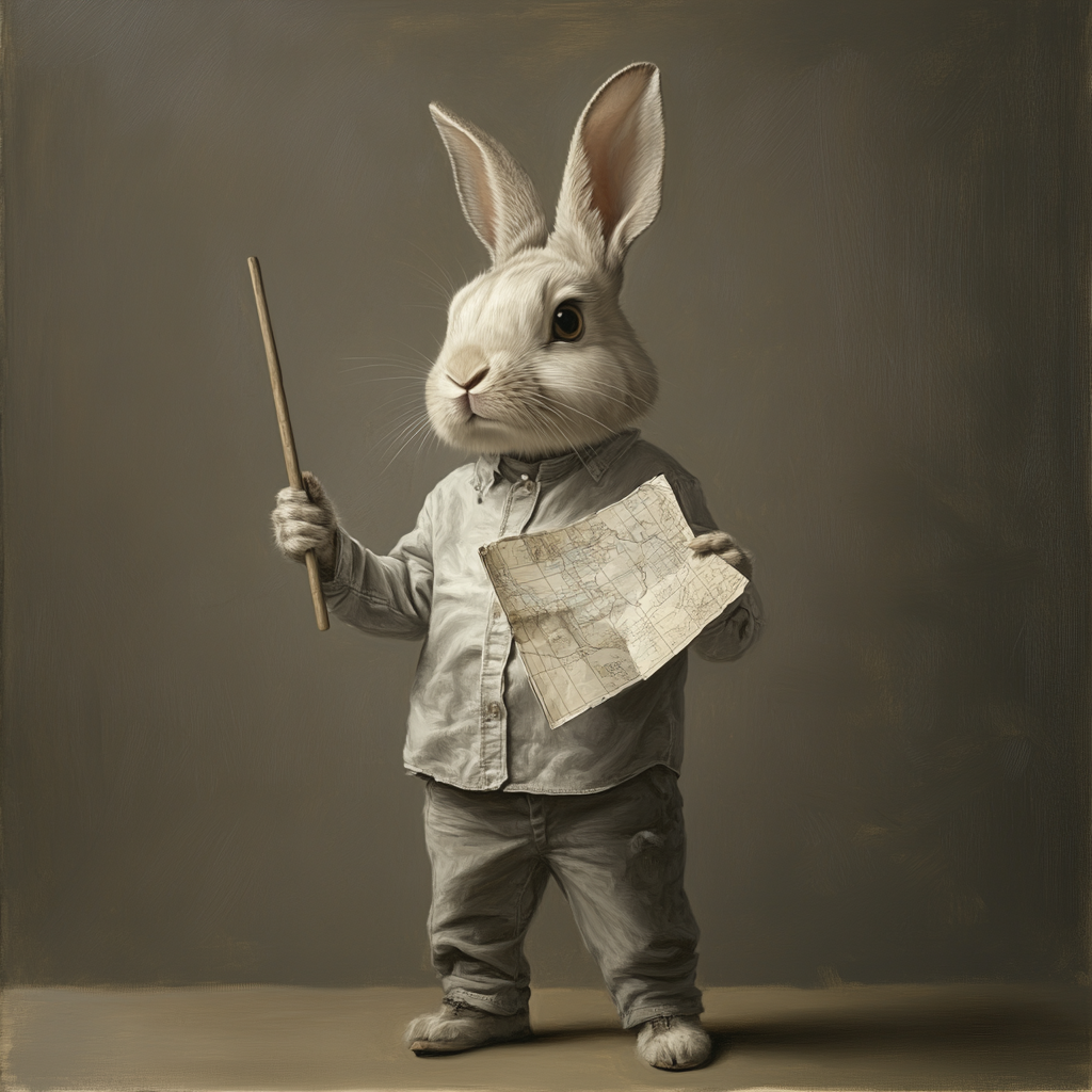 A standing bunny wearing a shirt holding a stick