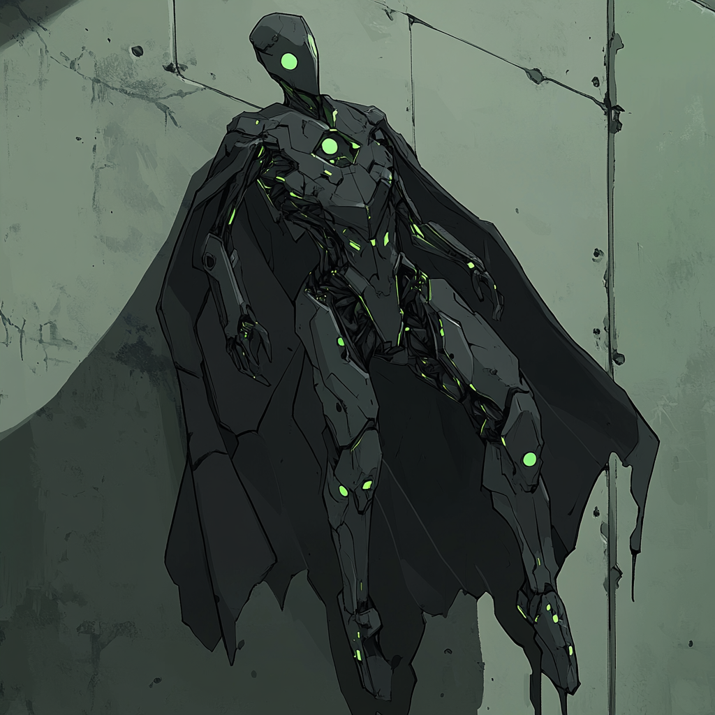 A stealthy 15ft tall mech with black hexagon cloak.