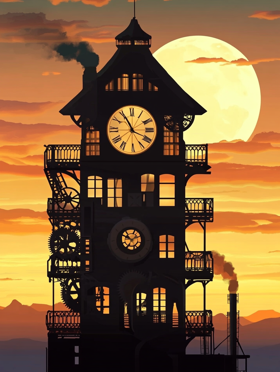 A steampunk building with gears and steam engine