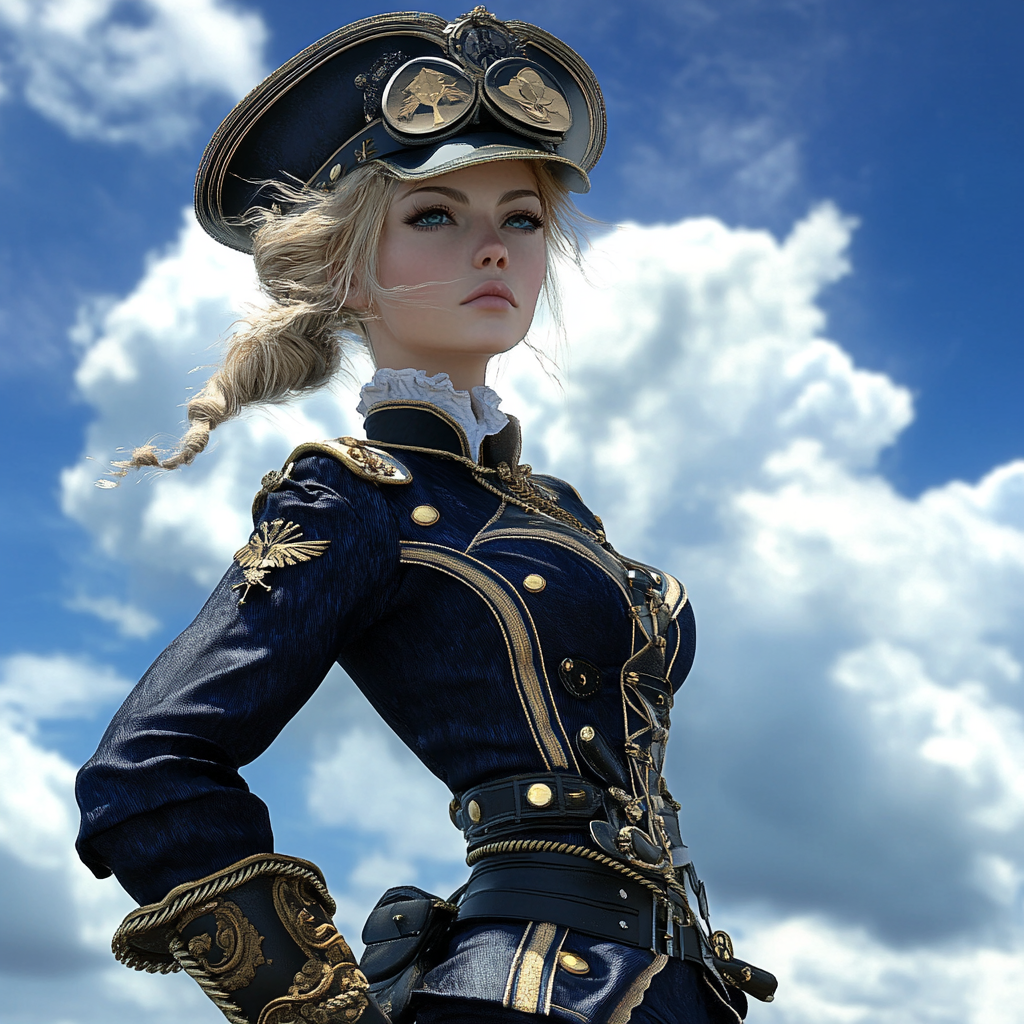 A steampunk female sailor in navy uniform poses