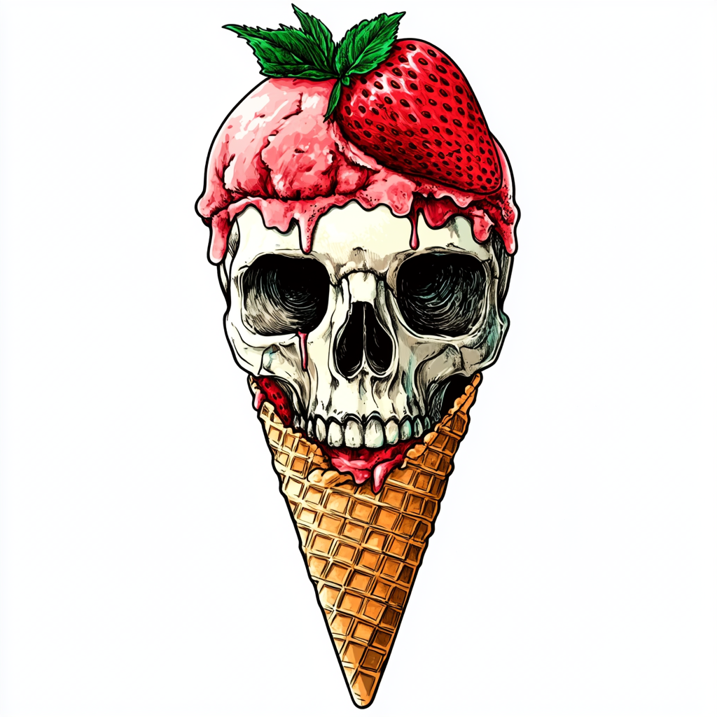 A strawberry skull ice cream in waffle cone.